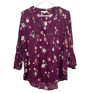 Monday Fun 3/4 Sleeve Top Size Medium Pleated Front Purple Floral NWOT